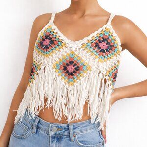 Vivid Crochet Fringe Tank Top L Multicolor Boho Festival Granny Square Coachella